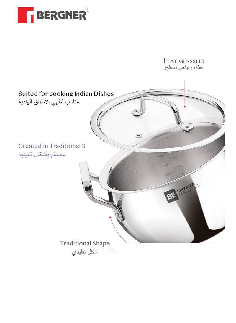 Bergner Essentials 28cm (9.5L) Tri-Ply Stainless Steel Large Rice Pot – Heavy-Duty Healthy Cooking Handi with Glass Lid for Biryani Pulao Soups Curries – Even Heating – Gas & Induction Compatible - Image 4